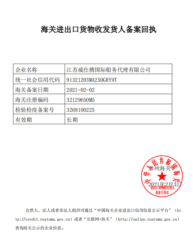 Customs import and export goods consignee and consignor record receipt